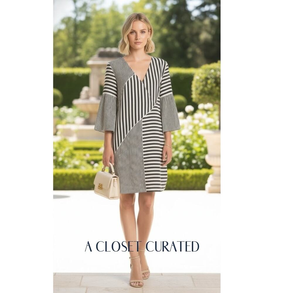 La Ligne Striped Bell Sleeve Silk Dress XS Black White NEW